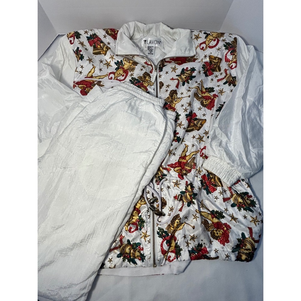LAVON Vintage Cherub Christmas Tracksuit Jacket White Shiny‎ Polyester Size M - Picture 2 of 16